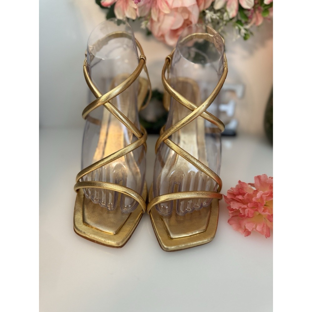 Schutz Womens Lovi Metallic Gold Tone Leather Strappy 4.5" Square Heels Sz 7.5B - Picture 13 of 16